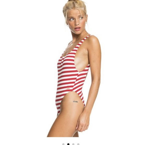 Roxy Hello July Red/White Striped One Piece Swimsuit Medium NWT - Picture 2 of 7